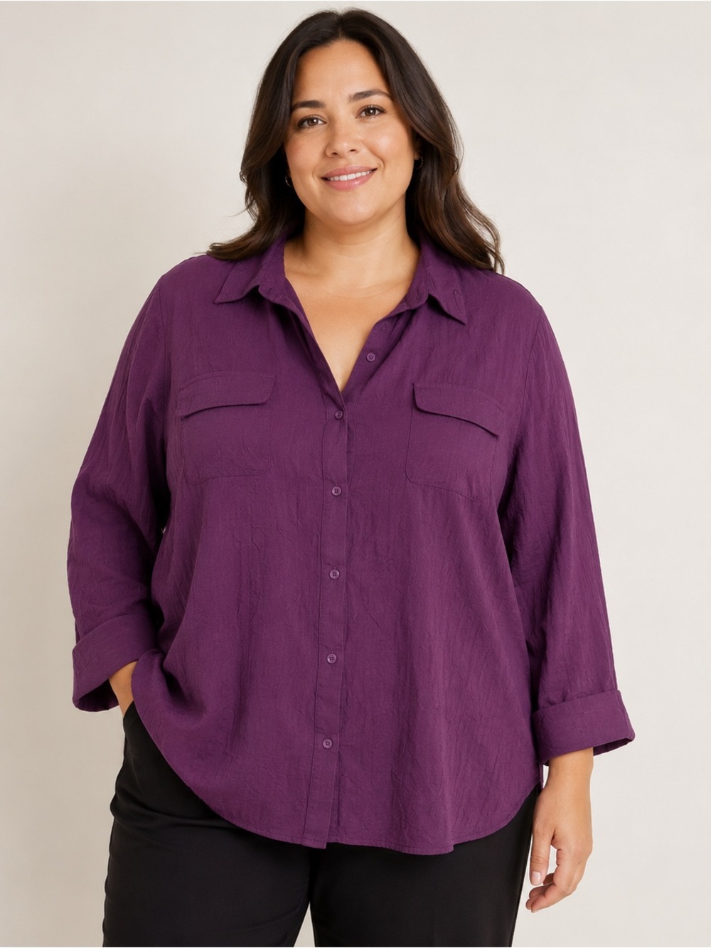 Addition Elle Long Sleeve Blouse Front Button Closure Dark Purple Size 24
